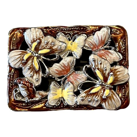 VTG Metal TRINKET BOX Enameled Butterfly Keepsake Open Metalwork Lid 3" Treasure - Picture 5 of 7